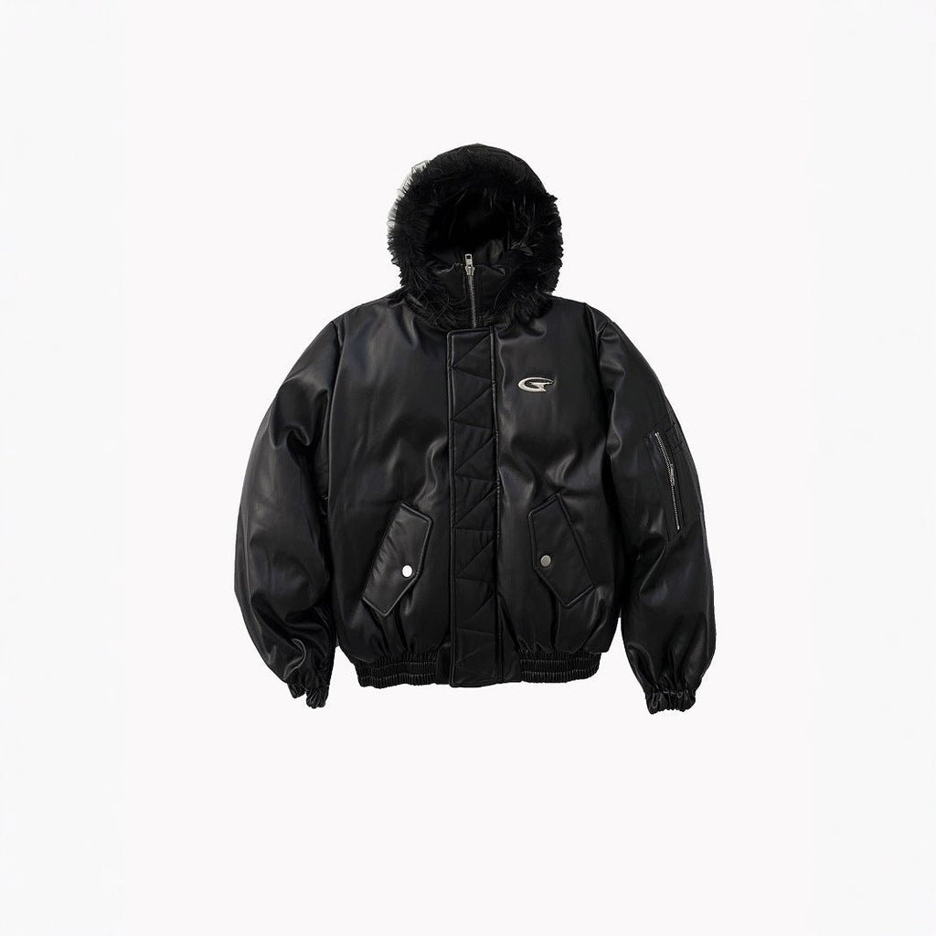 PU Leather Hooded Cotton Coat Jacket Warm And Loose Top - IVOIRART.COM