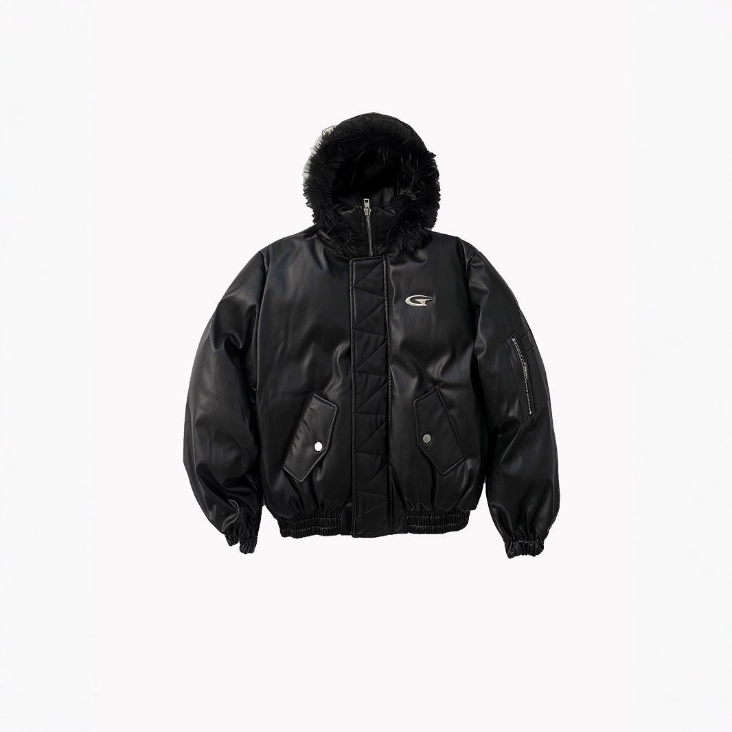PU Leather Hooded Cotton Coat Jacket Warm And Loose Top - IVOIRART.COM