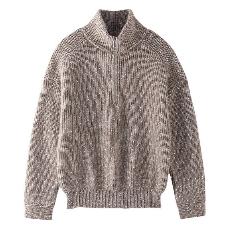 Pull cachemire épais col montant arabesque demi-ouvert coupe loose femme conforts - IVOIRART.COM