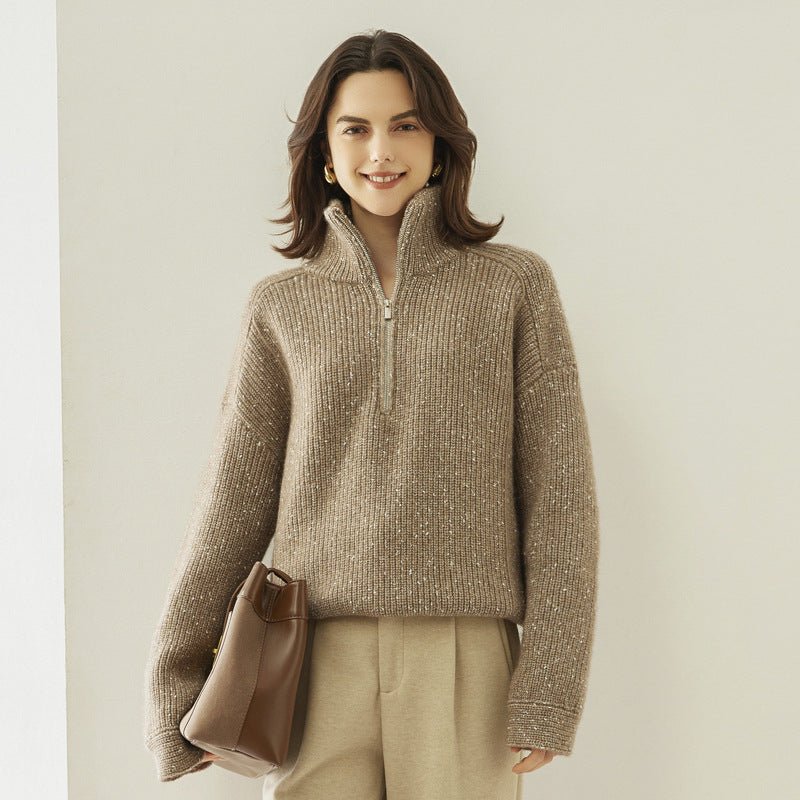Pull cachemire épais col montant arabesque demi-ouvert coupe loose femme conforts - IVOIRART.COM