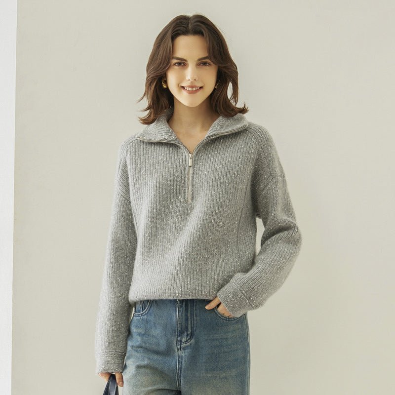 Pull cachemire épais col montant arabesque demi-ouvert coupe loose femme conforts - IVOIRART.COM