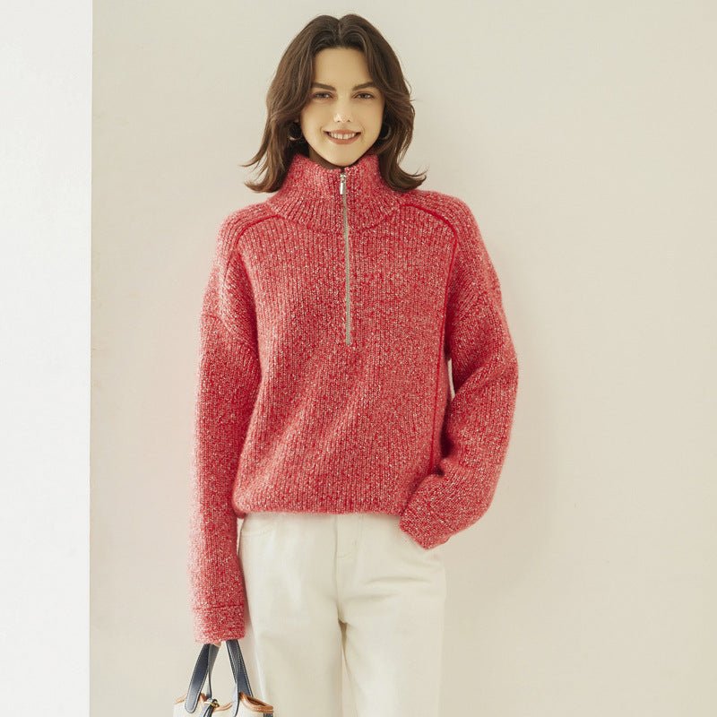 Pull cachemire épais col montant arabesque demi-ouvert coupe loose femme conforts - IVOIRART.COM