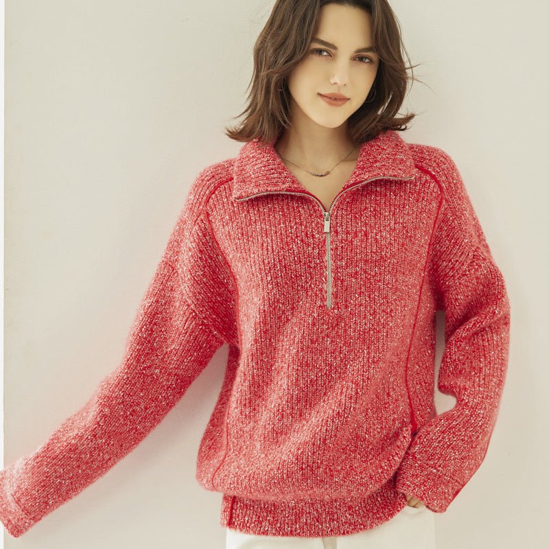 Pull cachemire épais col montant arabesque demi-ouvert coupe loose femme conforts - IVOIRART.COM