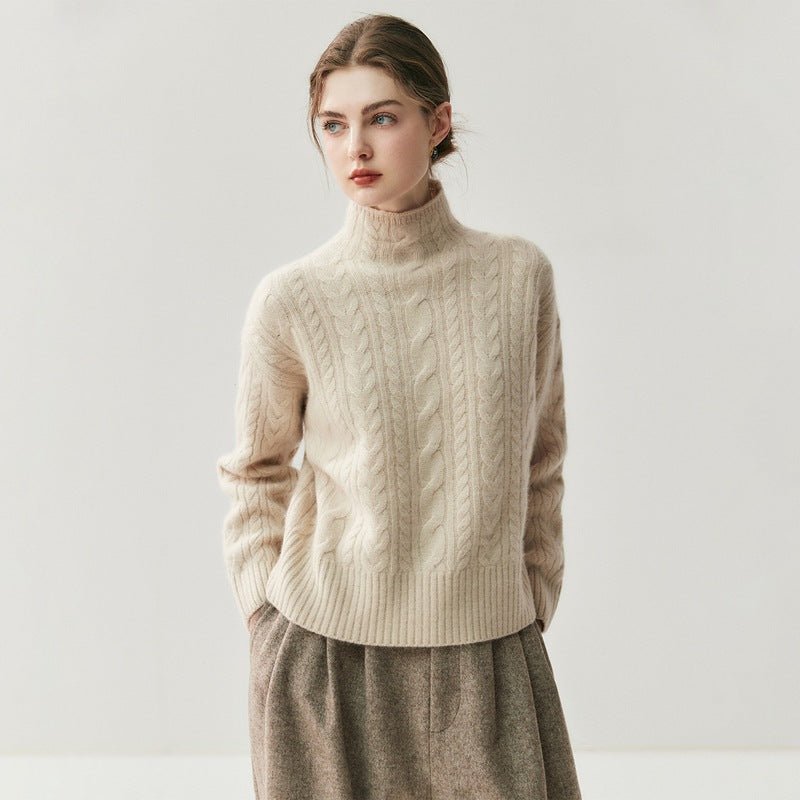 Pull cachemire femme demi-col, maille torsadée, élégant et polyvalent pour bureau - IVOIRART.COM