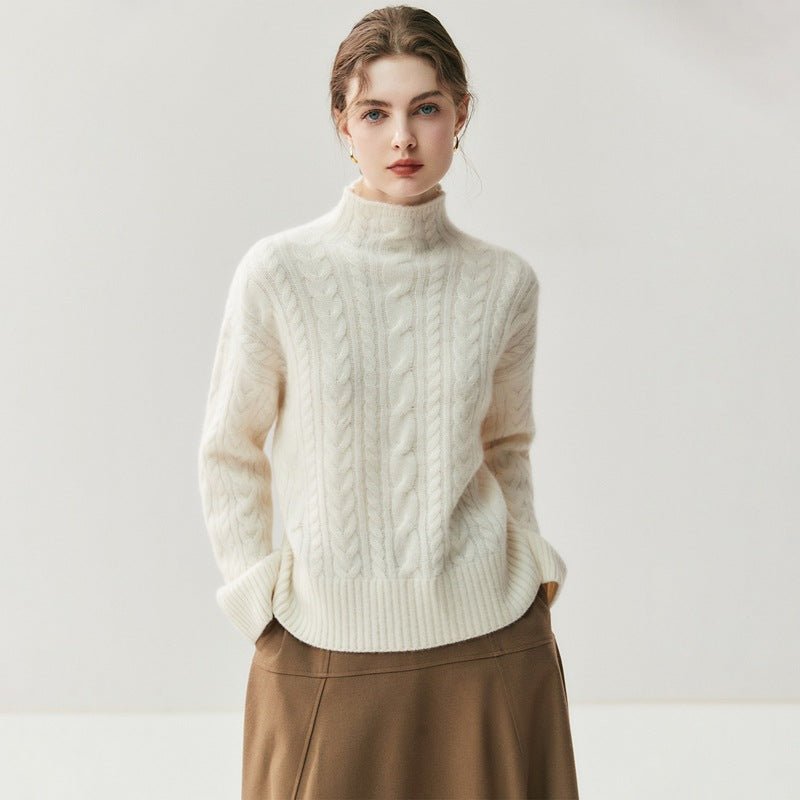 Pull cachemire femme demi-col, maille torsadée, élégant et polyvalent pour bureau - IVOIRART.COM