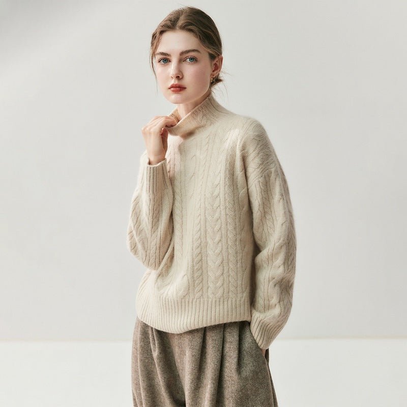 Pull cachemire femme demi-col, maille torsadée, élégant et polyvalent pour bureau - IVOIRART.COM