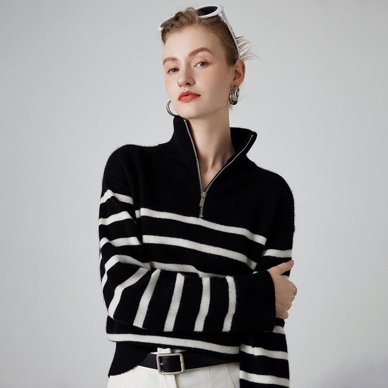 Pull col montant zippé épaissi rayé noir et blanc en cachemire pour femme, - IVOIRART.COM