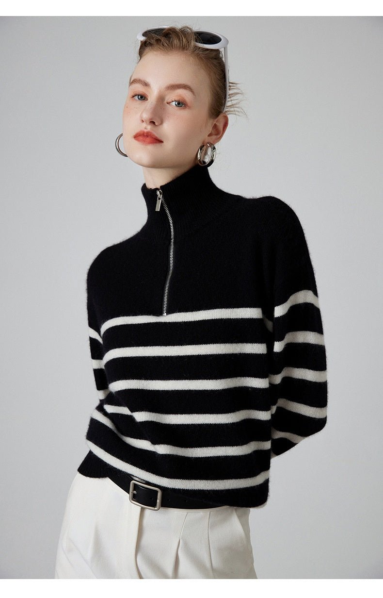 Pull col montant zippé épaissi rayé noir et blanc en cachemire pour femme, - IVOIRART.COM