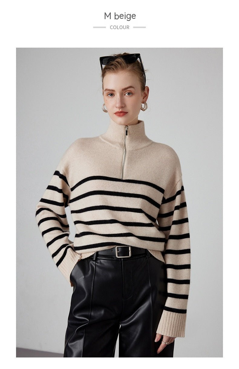 Pull col montant zippé épaissi rayé noir et blanc en cachemire pour femme, - IVOIRART.COM