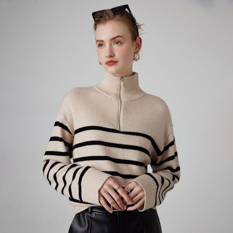 Pull col montant zippé épaissi rayé noir et blanc en cachemire pour femme, - IVOIRART.COM