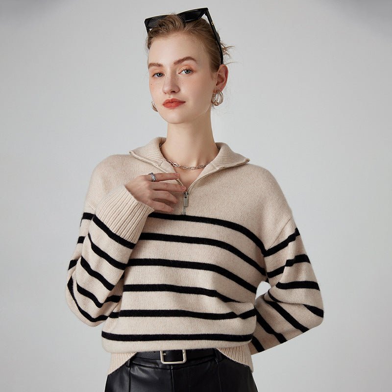 Pull col montant zippé épaissi rayé noir et blanc en cachemire pour femme, - IVOIRART.COM
