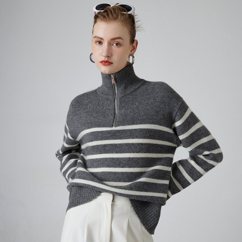 Pull col montant zippé épaissi rayé noir et blanc en cachemire pour femme, - IVOIRART.COM