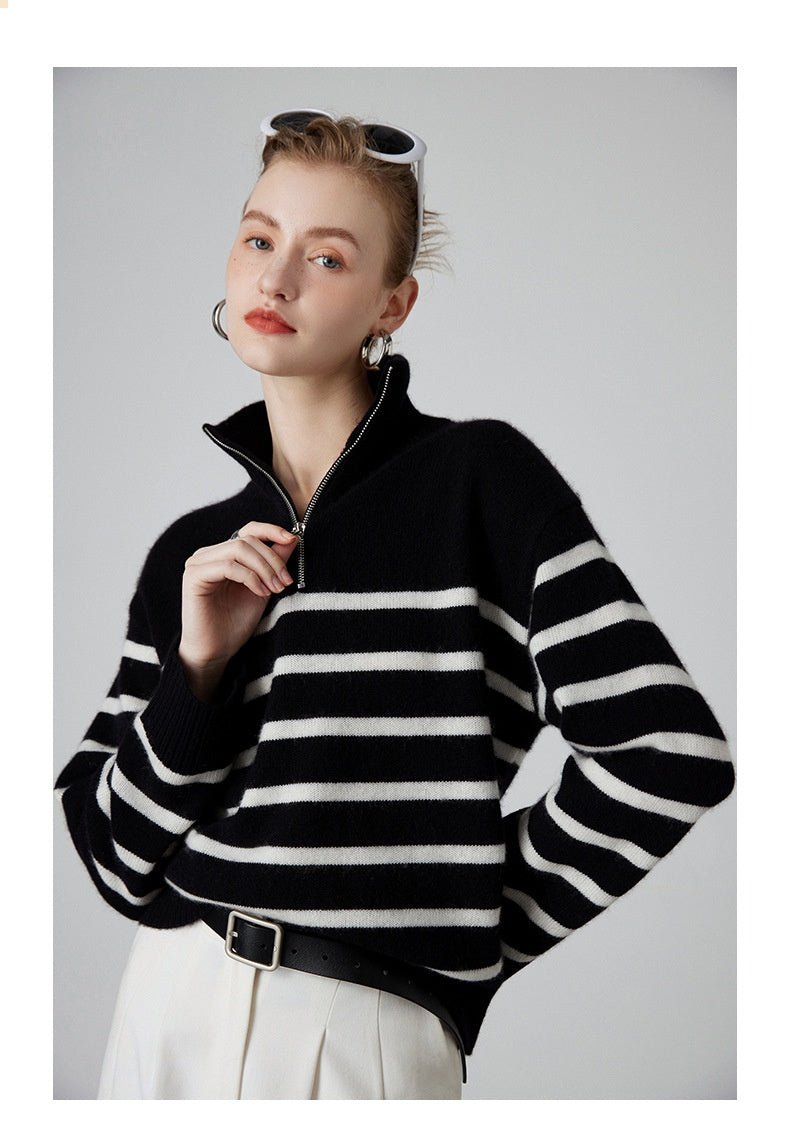 Pull col montant zippé épaissi rayé noir et blanc en cachemire pour femme, - IVOIRART.COM