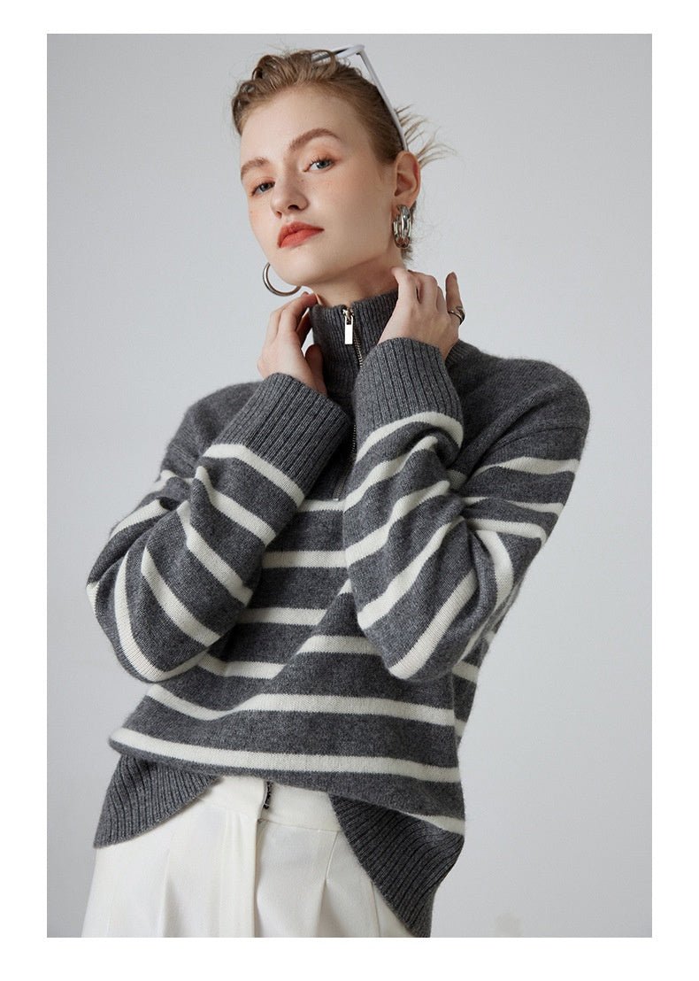 Pull col montant zippé épaissi rayé noir et blanc en cachemire pour femme, - IVOIRART.COM