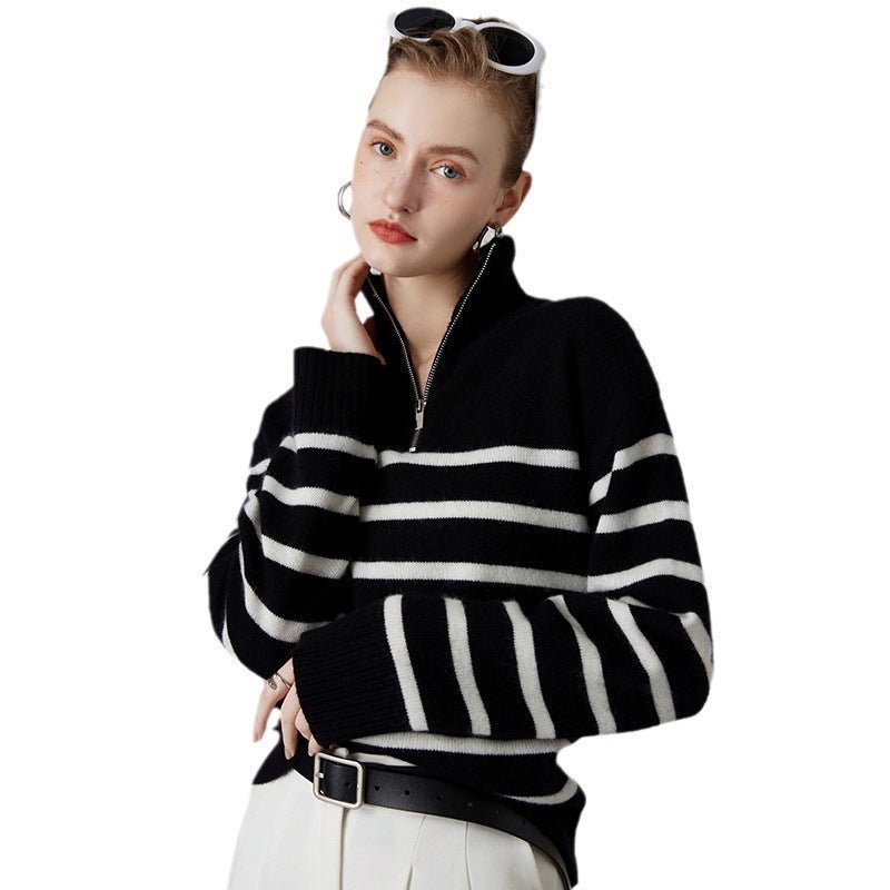 Pull col montant zippé épaissi rayé noir et blanc en cachemire pour femme, - IVOIRART.COM