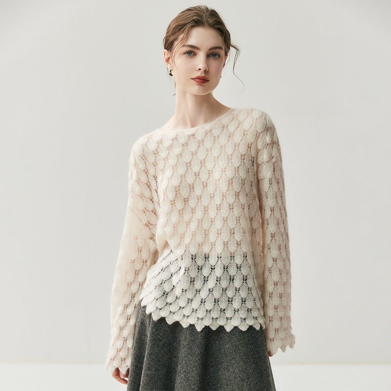 Pull en cachemire femme à motif plumes ajouré, maille douce coupe loose élégante - IVOIRART.COM