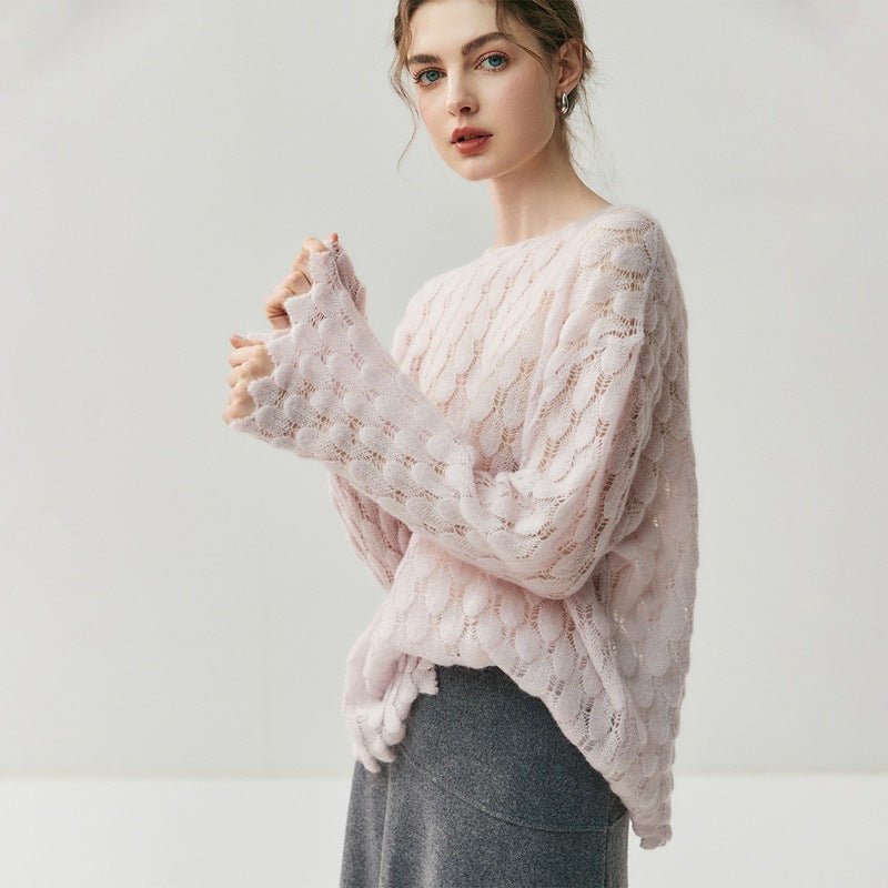 Pull en cachemire femme à motif plumes ajouré, maille douce coupe loose élégante - IVOIRART.COM