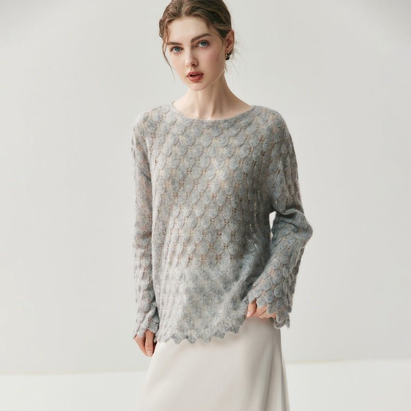 Pull en cachemire femme à motif plumes ajouré, maille douce coupe loose élégante - IVOIRART.COM