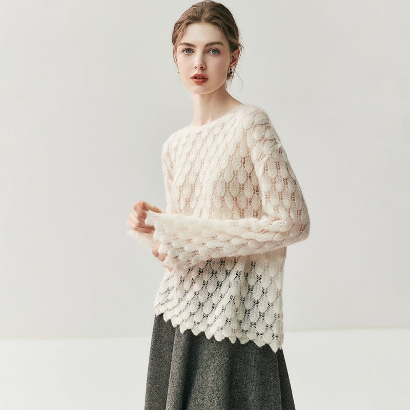 Pull en cachemire femme à motif plumes ajouré, maille douce coupe loose élégante - IVOIRART.COM