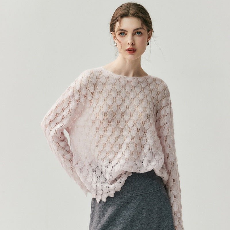 Pull en cachemire femme à motif plumes ajouré, maille douce coupe loose élégante - IVOIRART.COM