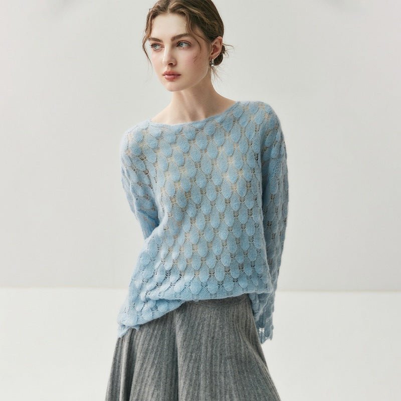 Pull en cachemire femme à motif plumes ajouré, maille douce coupe loose élégante - IVOIRART.COM