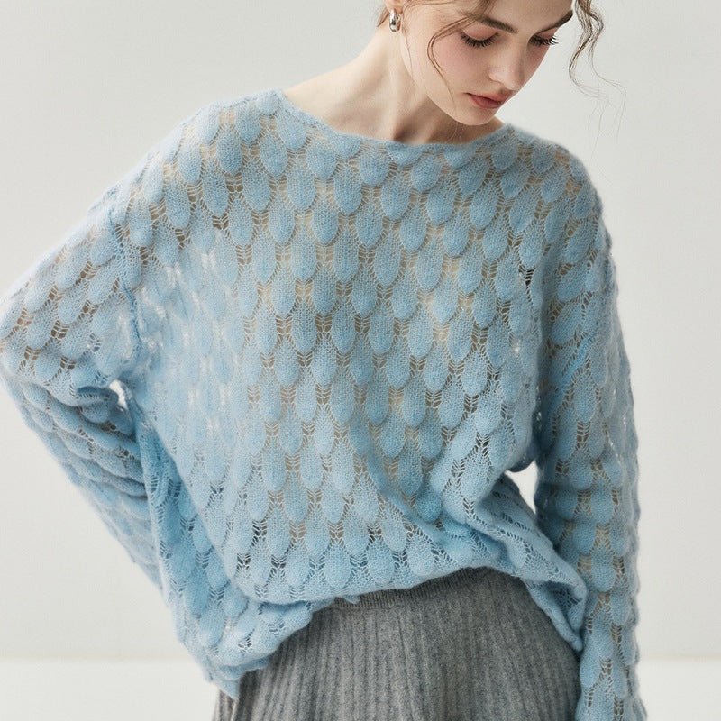 Pull en cachemire femme à motif plumes ajouré, maille douce coupe loose élégante - IVOIRART.COM
