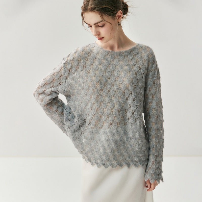 Pull en cachemire femme à motif plumes ajouré, maille douce coupe loose élégante - IVOIRART.COM