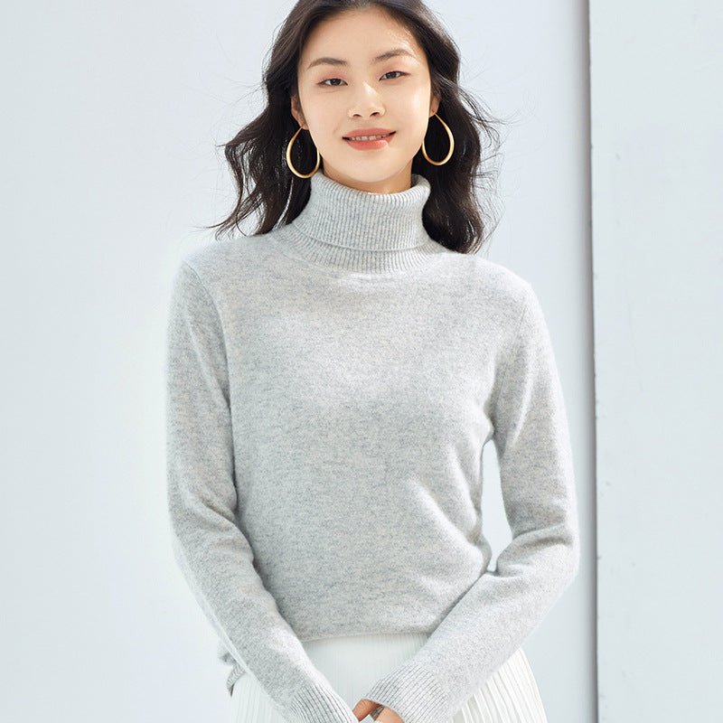Pull en cachemire pur femme col montant, tricot fin basique, manches longues mix - IVOIRART.COM