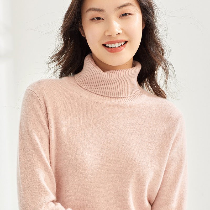 Pull en cachemire pur femme col montant, tricot fin basique, manches longues mix - IVOIRART.COM