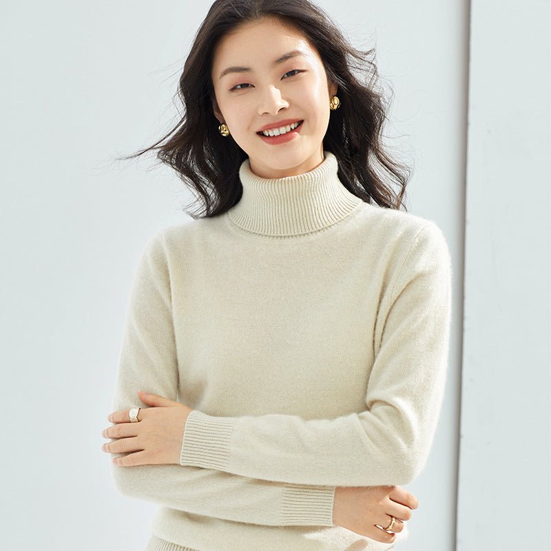 Pull en cachemire pur femme col montant, tricot fin basique, manches longues mix - IVOIRART.COM