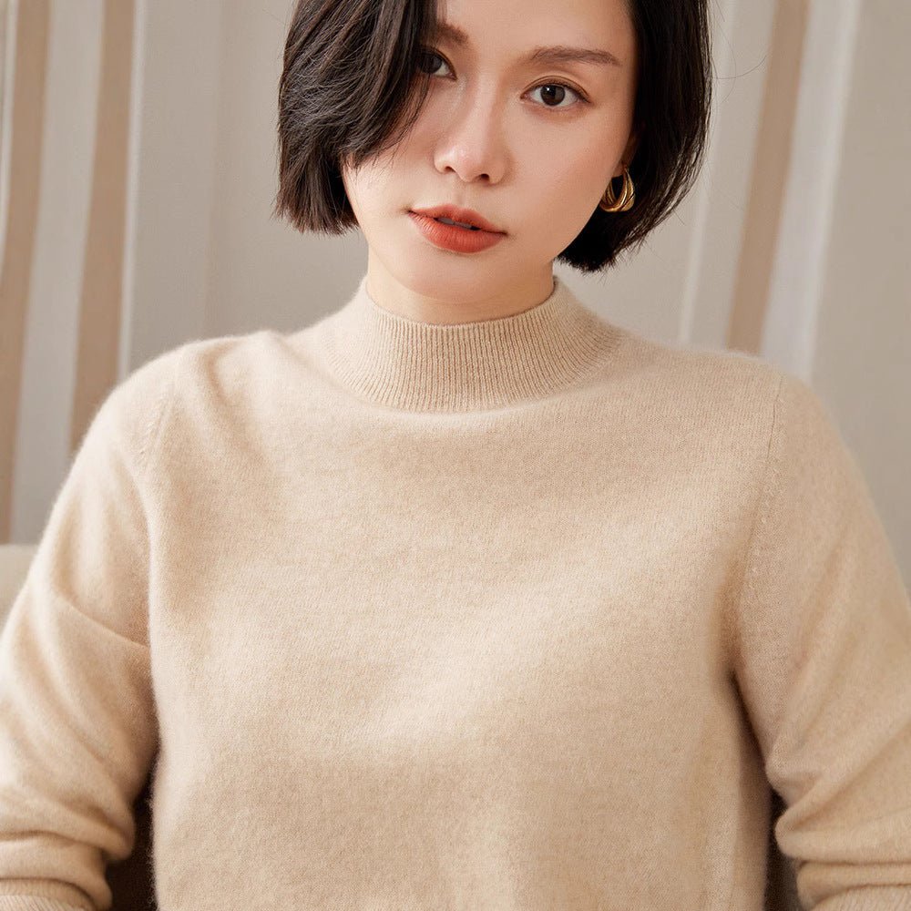 Pull femme col montant en 100% cachemire, coupe ample unicolore, manches longues - IVOIRART.COM