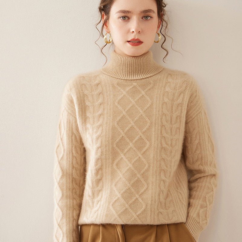 Pull femme col montant en cachemire, coupe loose tricot épais trois brins urbain - IVOIRART.COM