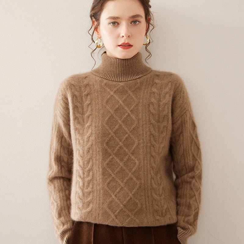 Pull femme col montant en cachemire, coupe loose tricot épais trois brins urbain - IVOIRART.COM