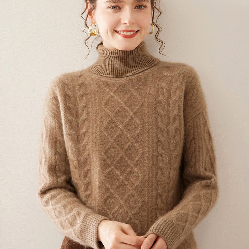 Pull femme col montant en cachemire, coupe loose tricot épais trois brins urbain - IVOIRART.COM
