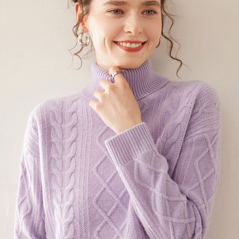 Pull femme col montant en cachemire, coupe loose tricot épais trois brins urbain - IVOIRART.COM