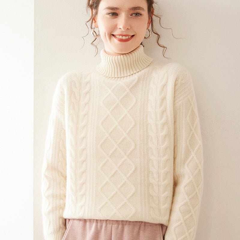 Pull femme col montant en cachemire, coupe loose tricot épais trois brins urbain - IVOIRART.COM