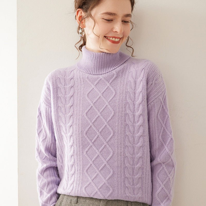 Pull femme col montant en cachemire, coupe loose tricot épais trois brins urbain - IVOIRART.COM