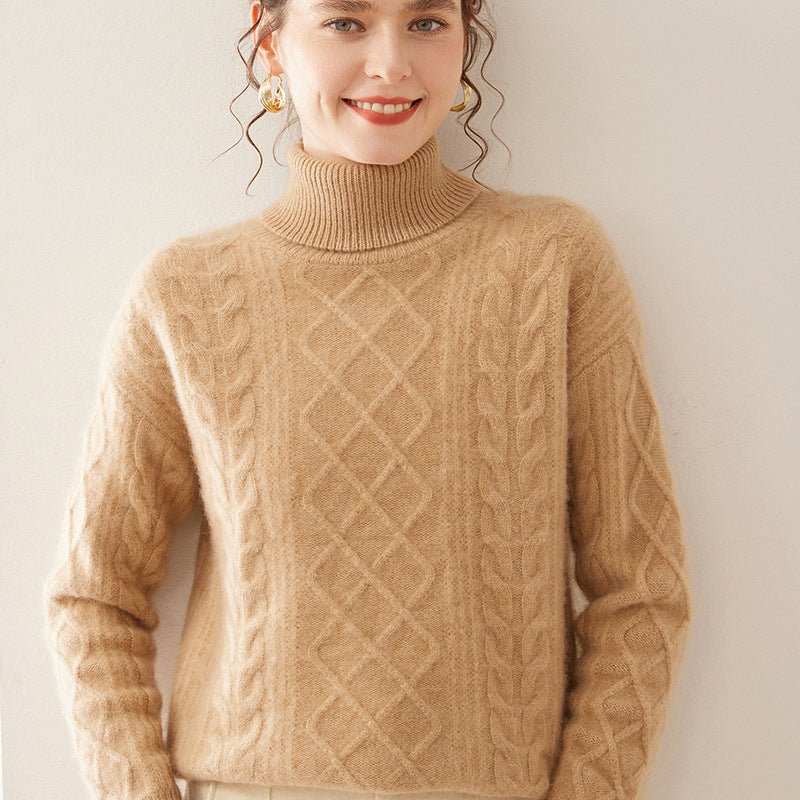 Pull femme col montant en cachemire, coupe loose tricot épais trois brins urbain - IVOIRART.COM