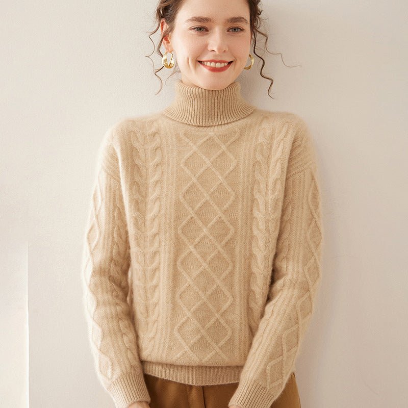 Pull femme col montant en cachemire, coupe loose tricot épais trois brins urbain - IVOIRART.COM