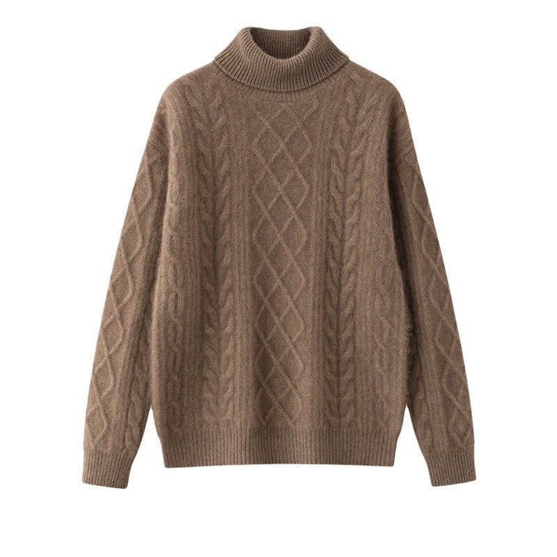 Pull femme col montant en cachemire, coupe loose tricot épais trois brins urbain - IVOIRART.COM