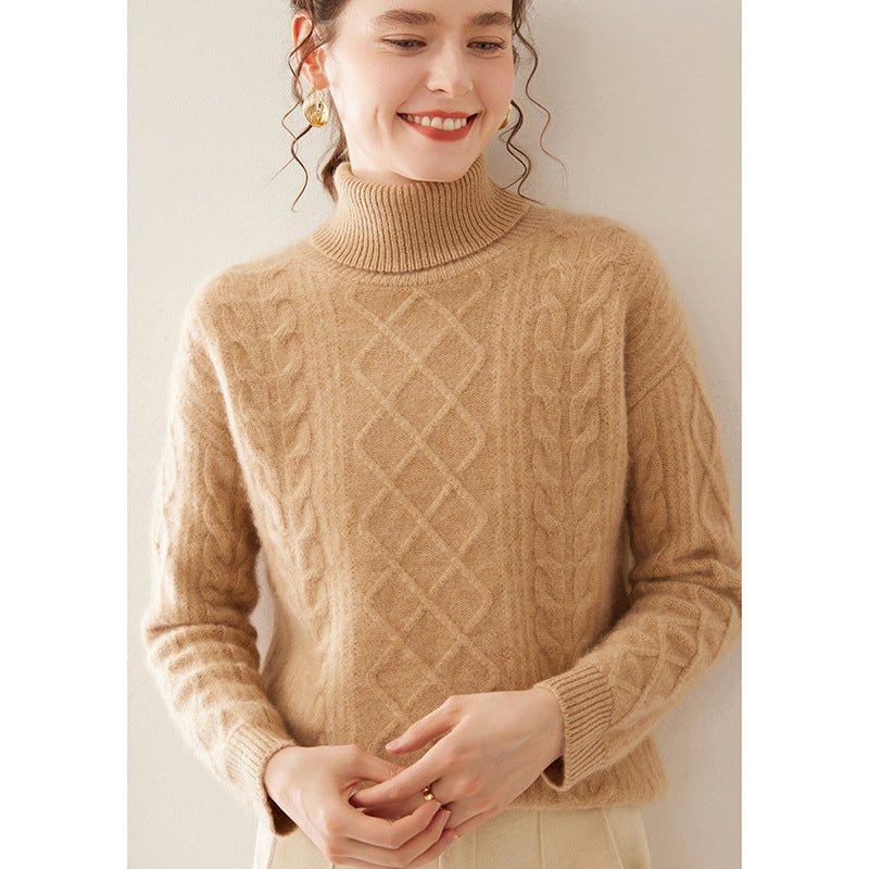 Pull femme col montant en cachemire, coupe loose tricot épais trois brins urbain - IVOIRART.COM