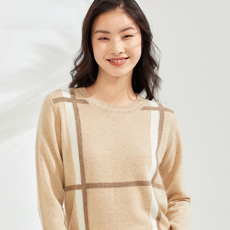 Pull femme en pur cachemire col rond à carreaux, coupe basique, couleur abricot. - IVOIRART.COM