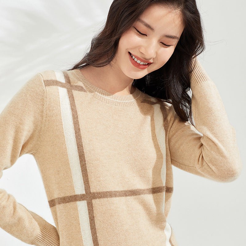 Pull femme en pur cachemire col rond à carreaux, coupe basique, couleur abricot. - IVOIRART.COM