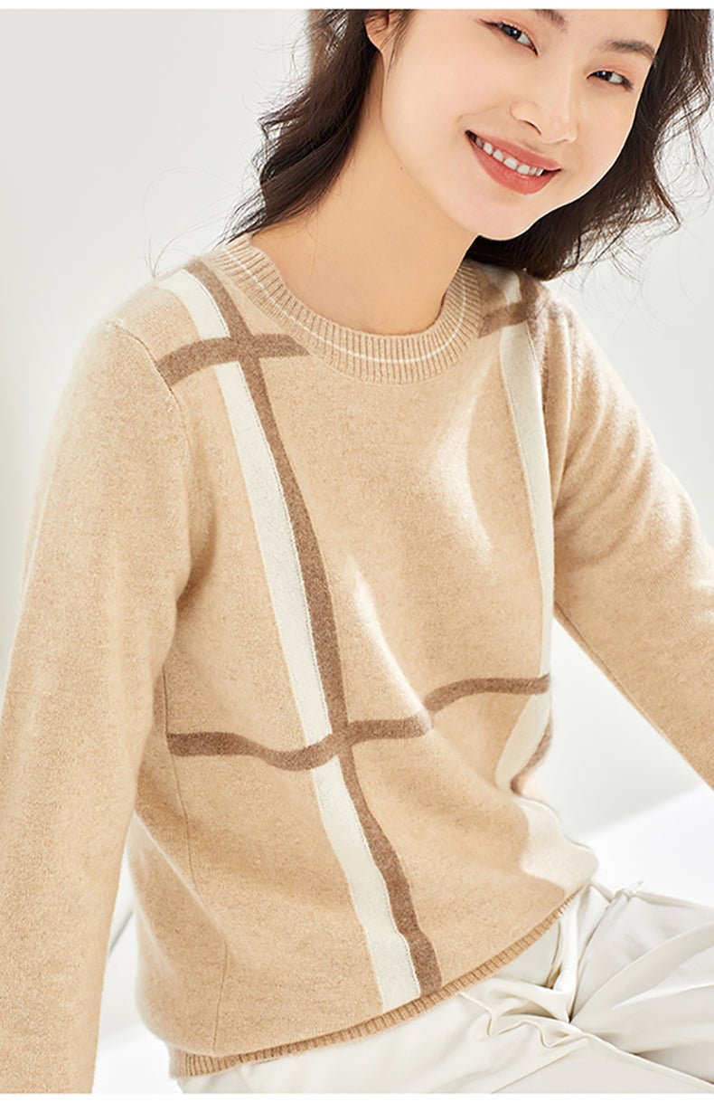 Pull femme en pur cachemire col rond à carreaux, coupe basique, couleur abricot. - IVOIRART.COM