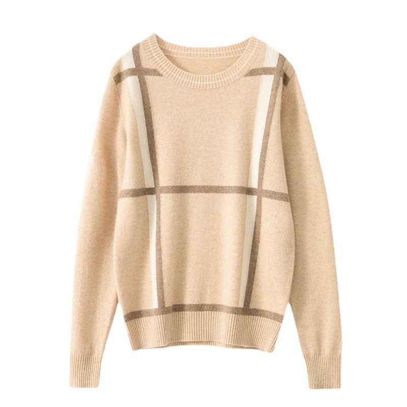 Pull femme en pur cachemire col rond à carreaux, coupe basique, couleur abricot. - IVOIRART.COM