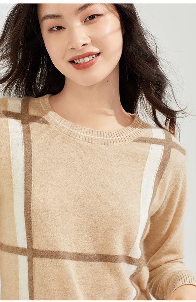 Pull femme en pur cachemire col rond à carreaux, coupe basique, couleur abricot. - IVOIRART.COM