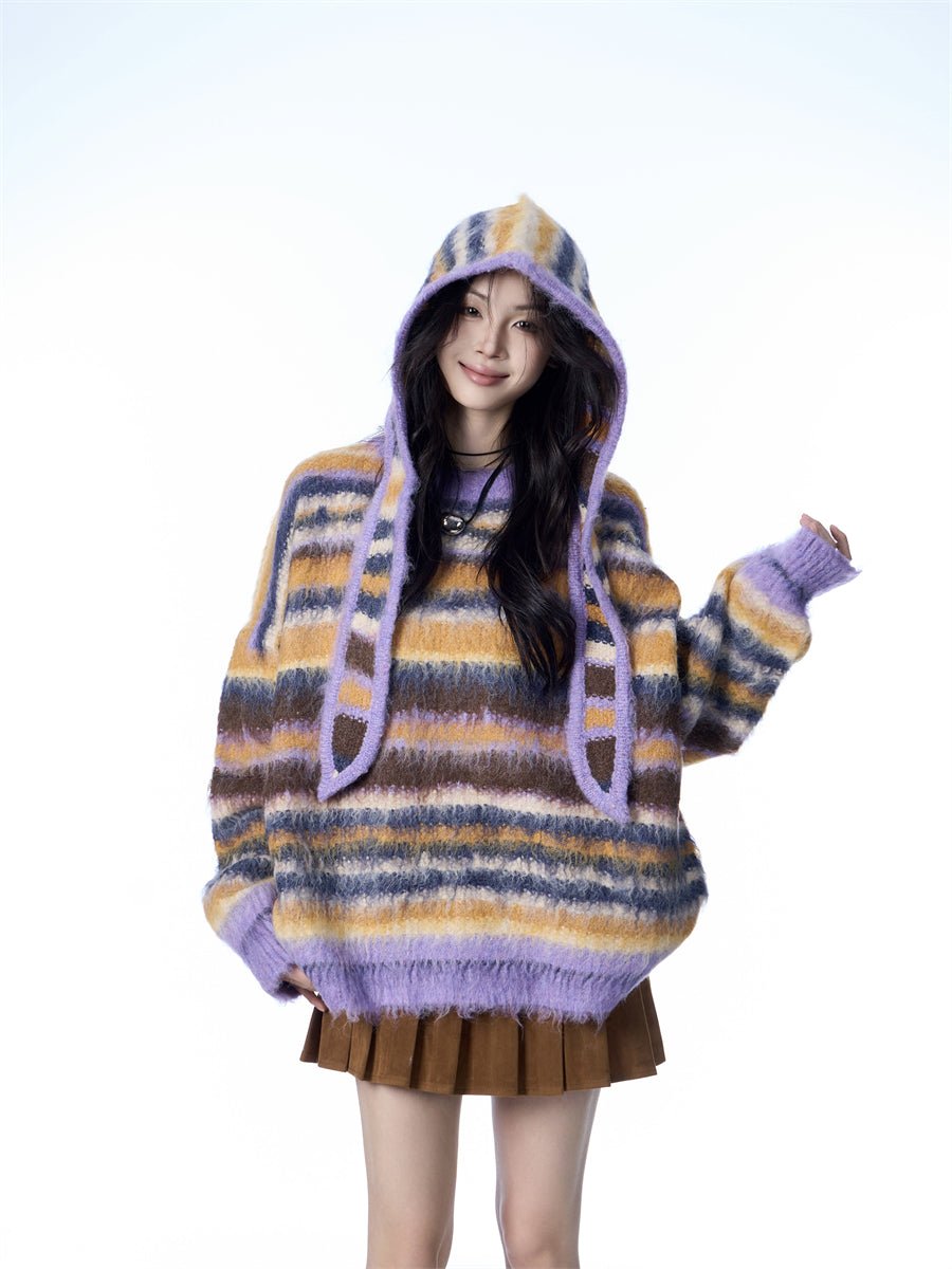 Pull femme mohair rayé avec écharpe et bonnet style décontracté - Tailles M-XL24 - IVOIRART.COM
