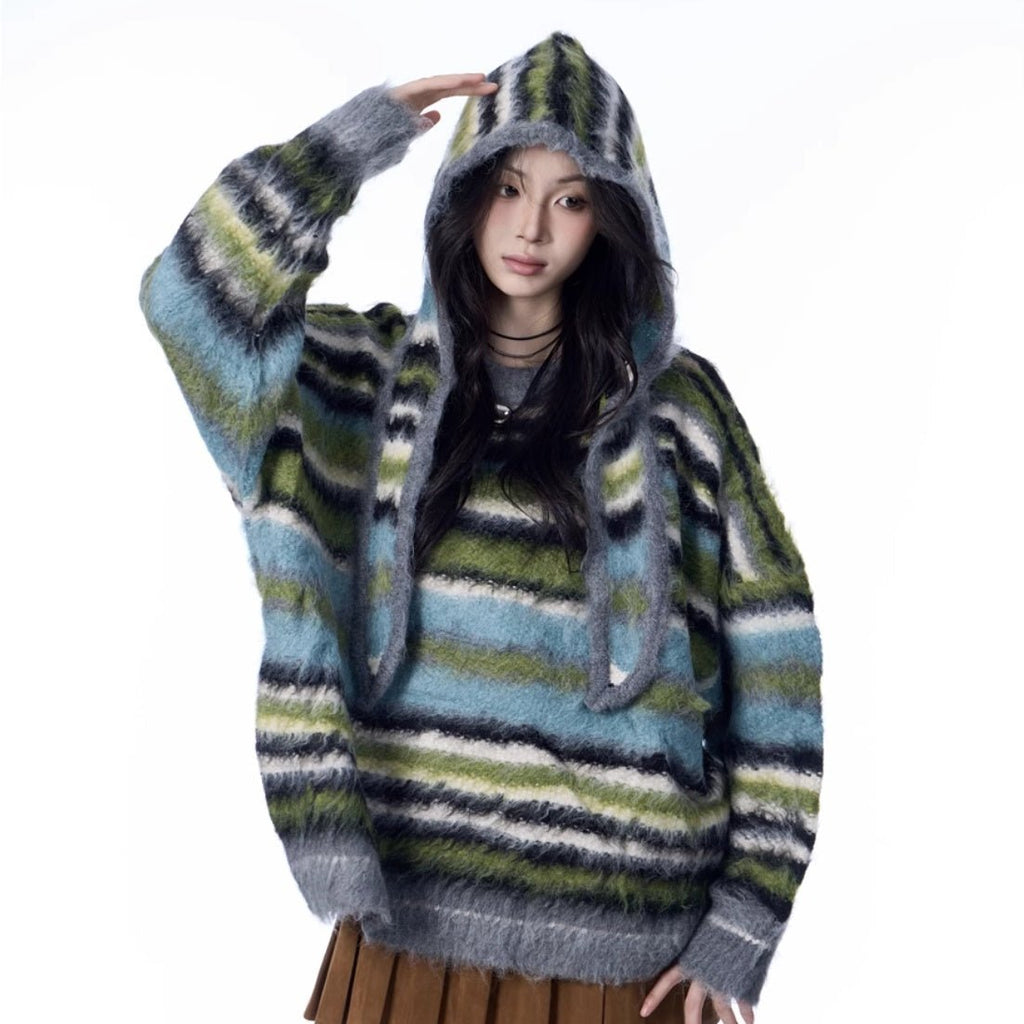 Pull femme mohair rayé avec écharpe et bonnet style décontracté - Tailles M-XL24 - IVOIRART.COM