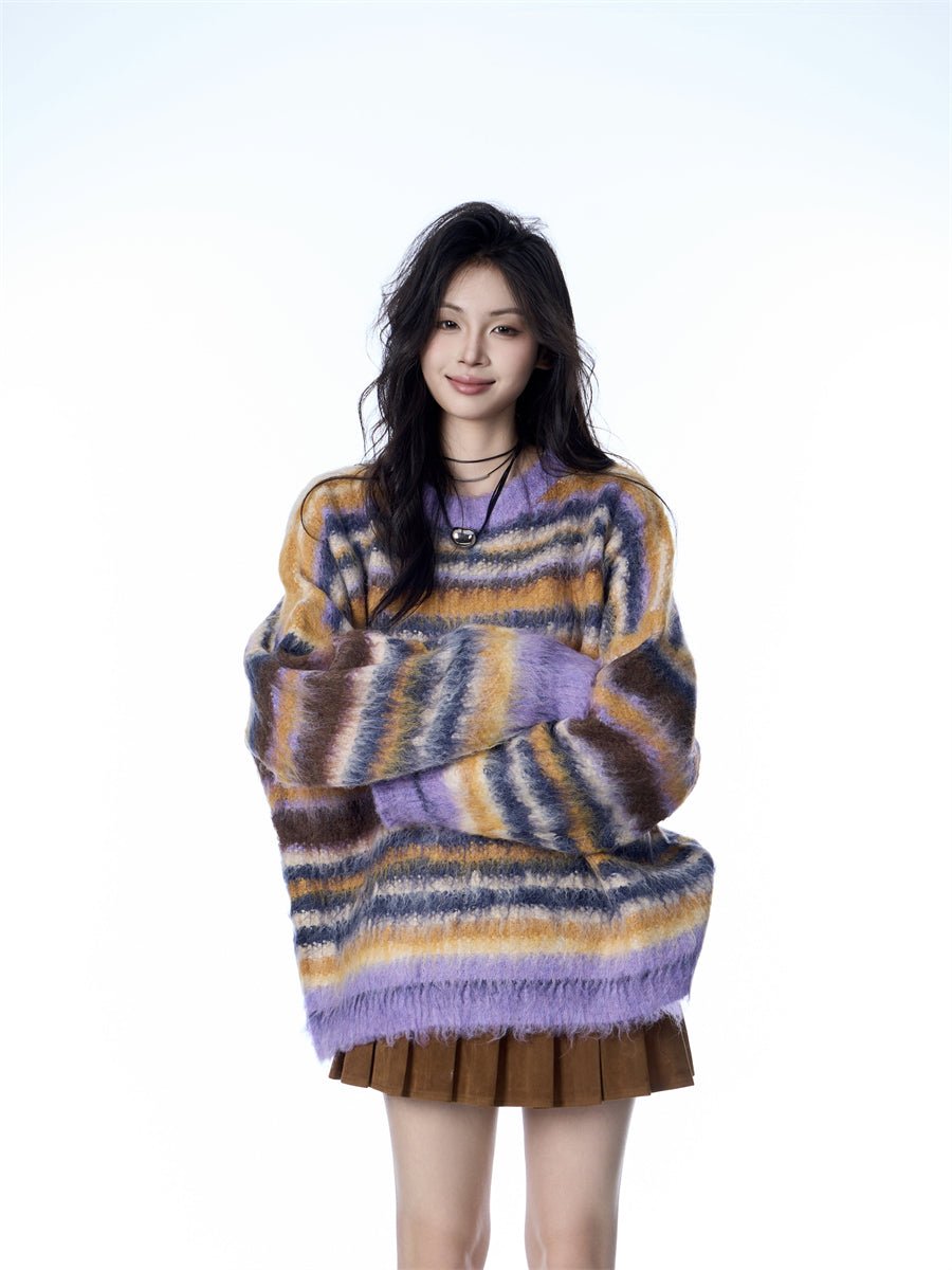 Pull femme mohair rayé avec écharpe et bonnet style décontracté - Tailles M-XL24 - IVOIRART.COM