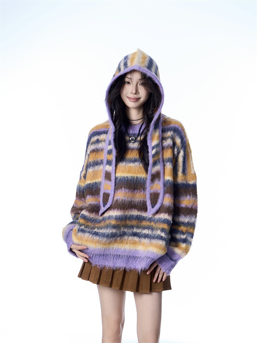 Pull femme mohair rayé avec écharpe et bonnet style décontracté - Tailles M-XL24 - IVOIRART.COM